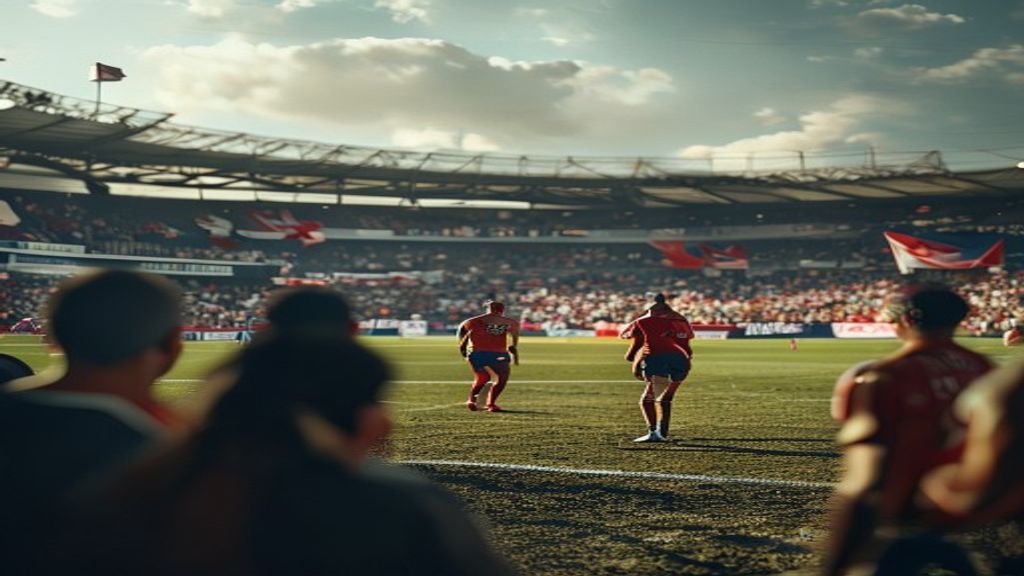 Estadio de rugby con fanáticos y jugadores de Los Pumas e Inglaterra