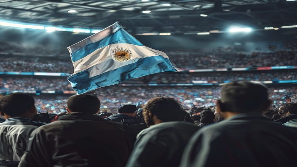 Bandera argentina con la leyenda 'Las Malvinas son argentinas' en un estadio de fútbol