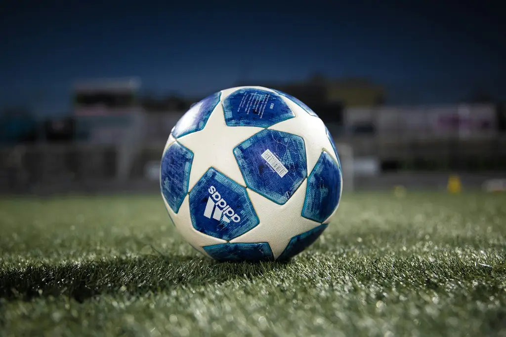 Una pelota de fútbol sobre el césped, con el arco atrás. Foto: Unsplash