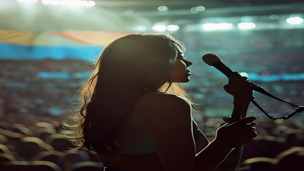María Becerra cantando el Himno Nacional Argentino en la final del Mundial 2026