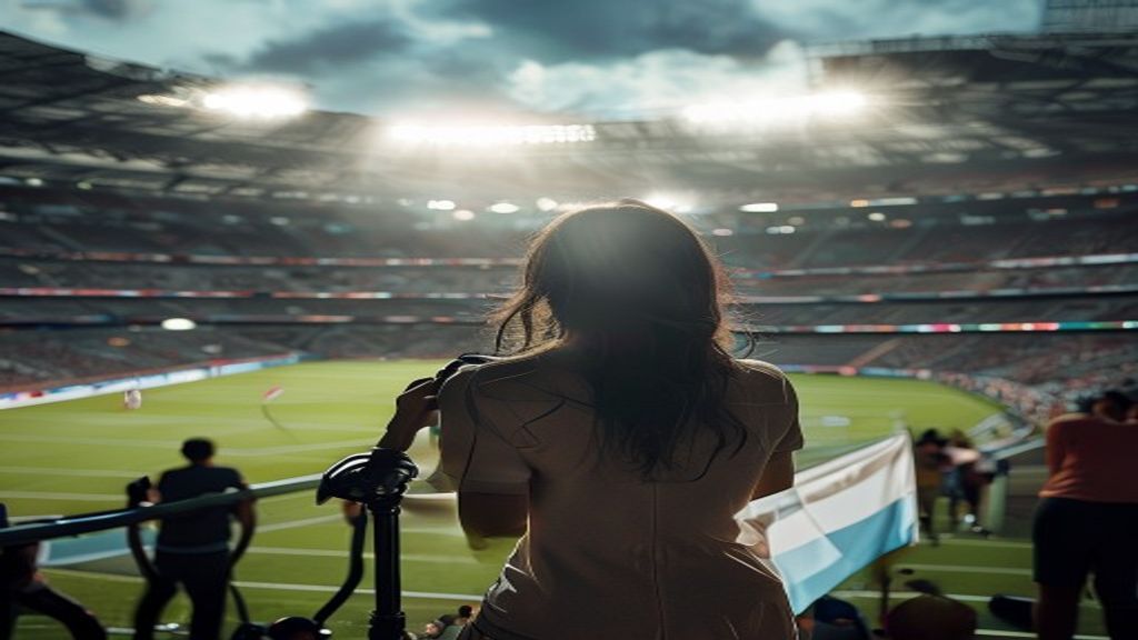 María Becerra practicando el Himno Nacional en un estadio de fútbol