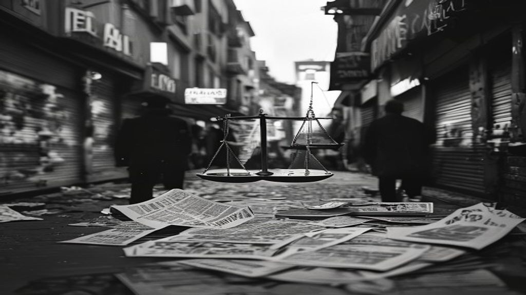 Ilustración editorial en blanco y negro de una balanza: de un lado un gráfico de inflación descendente, del otro papeles de escándalo y una calle con comercios cerrados.