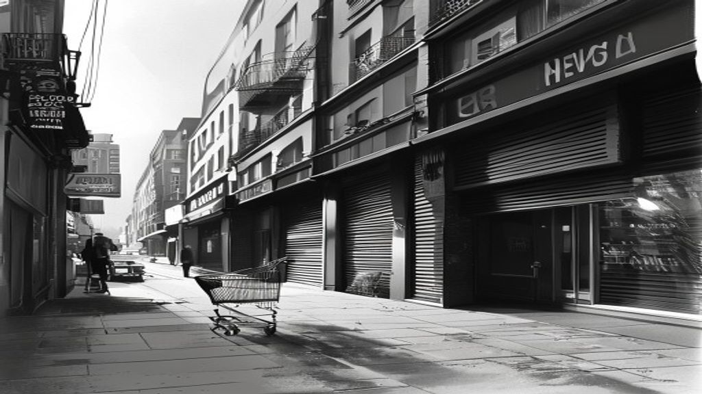 Ilustración en blanco y negro de una calle comercial a media luz: de un lado un local de lujo abierto, del otro persianas bajas y una persona con changuito vacío.