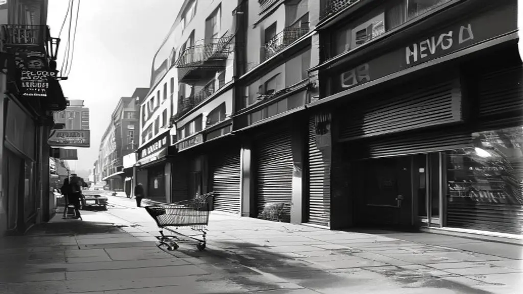 Ilustración en blanco y negro de una calle comercial a media luz: de un lado un local de lujo abierto, del otro persianas bajas y una persona con changuito vacío.