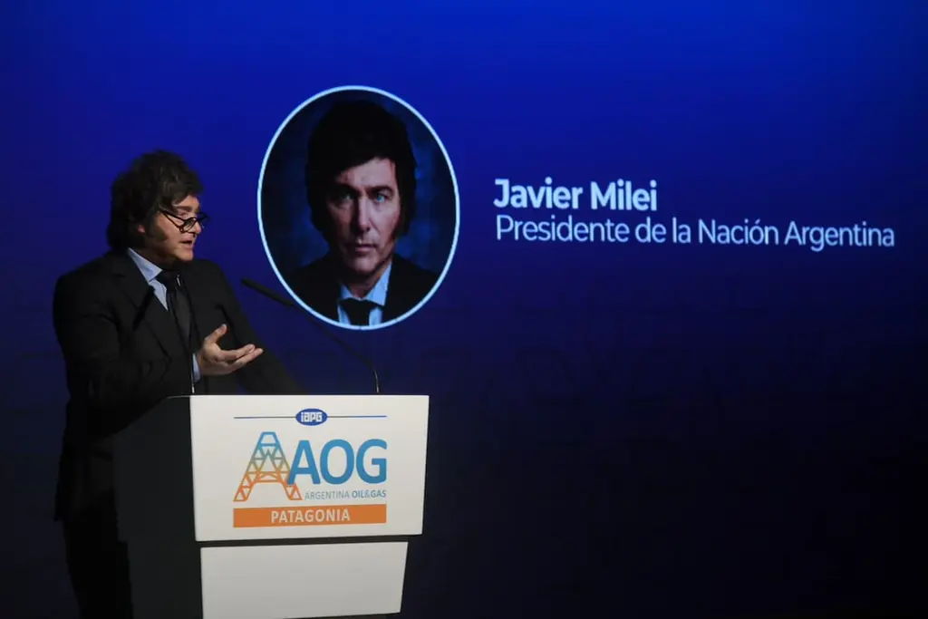 Javier Milei habla en la cumbre de petróleo y gas en Neuquén. Foto: La Nación
