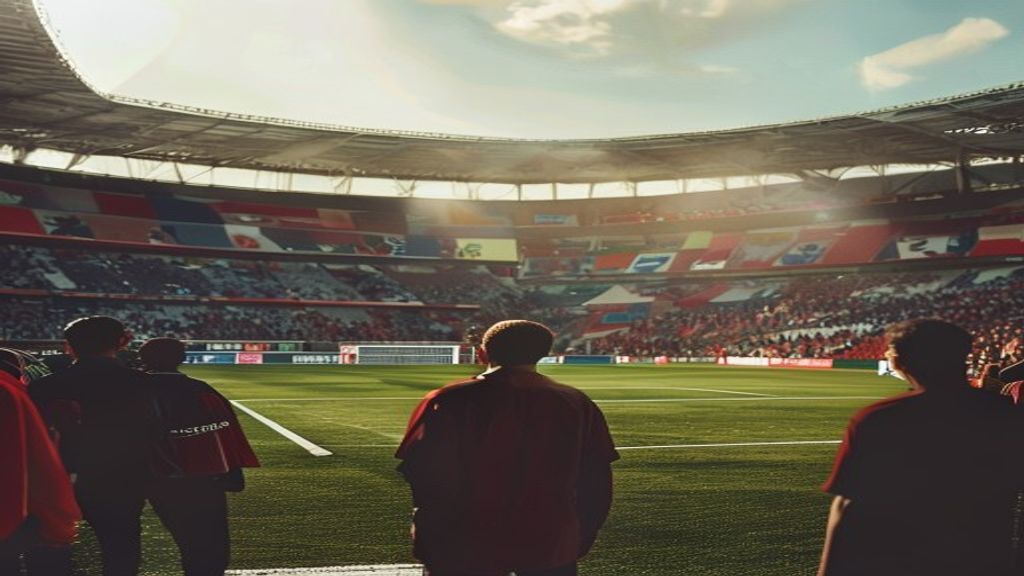 Estadio de fútbol lleno de fanáticos con banderas de diferentes países