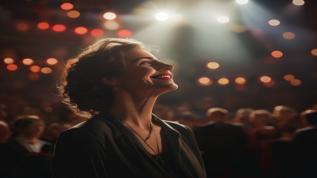 Actriz sonriendo en un escenario