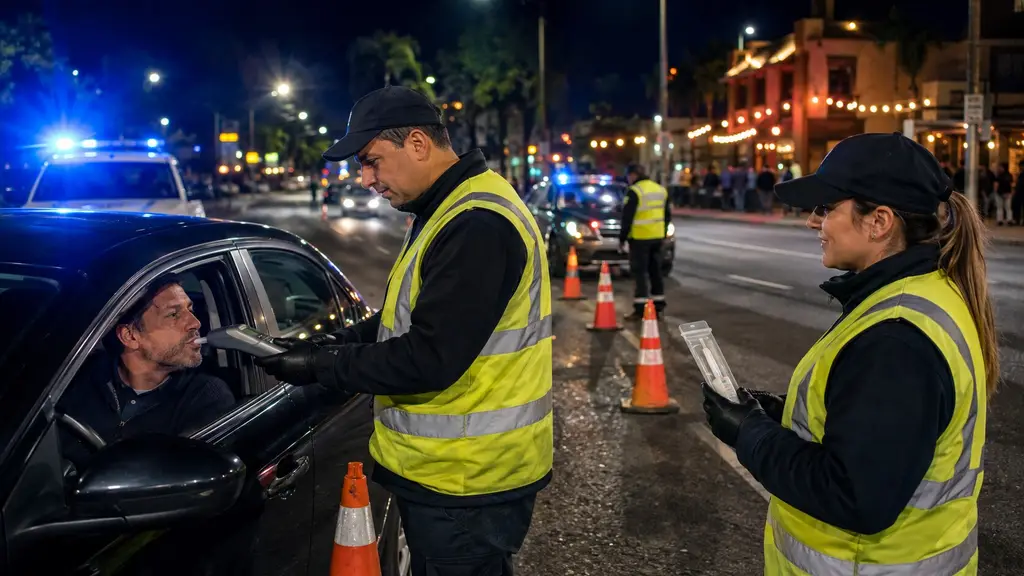 Inspectores realizan un control nocturno de alcohol y THC a un conductor en una avenida, con conos y vehículos de apoyo.