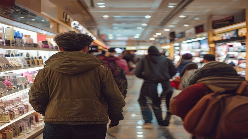 Clientes anónimos recorriendo pasillos de una tienda departamental durante una venta, con exhibiciones de productos de belleza y moda de lujo.