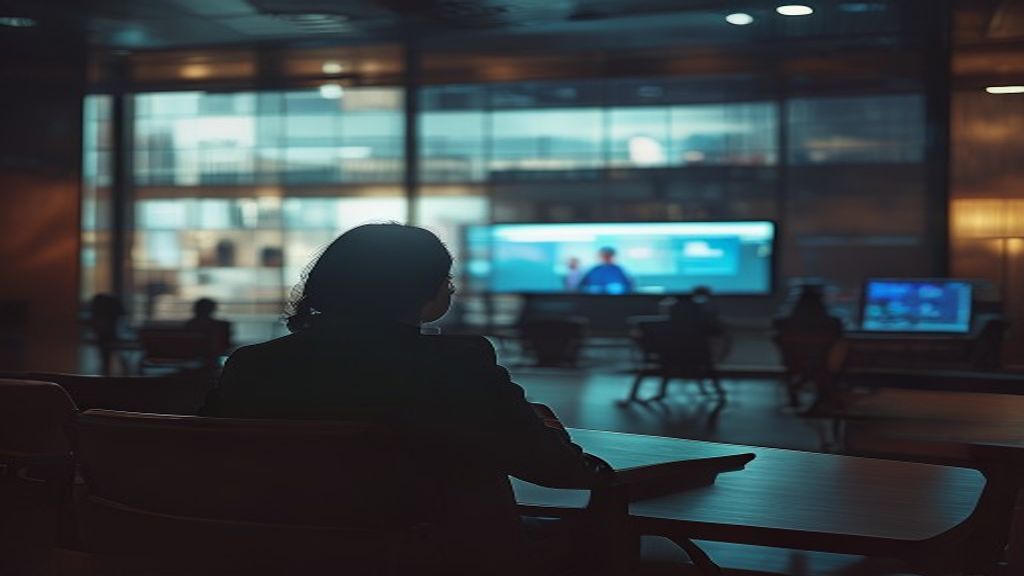 Persona anónima con teleprompter y pantalla de computadora con plataforma Kalshi