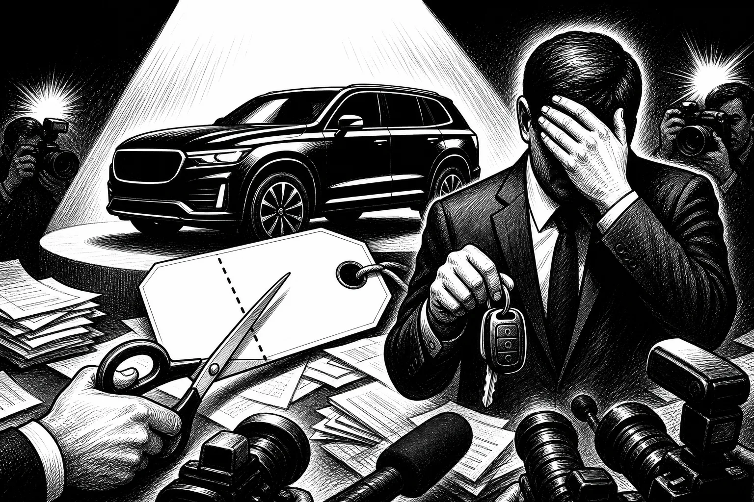 Ilustración en blanco y negro de un SUV bajo un reflector, con una etiqueta de precio cortada por una tijera y papeles y cámaras alrededor.