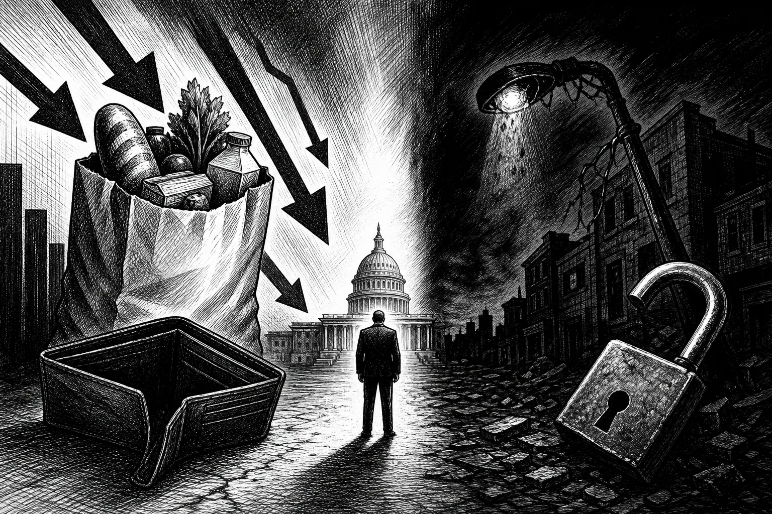 Ilustración monocromática de un político genérico bajo la presión de dos fuerzas: una bolsa de compras y billetera vacía a un lado, y una calle oscura con un candado abierto al otro.