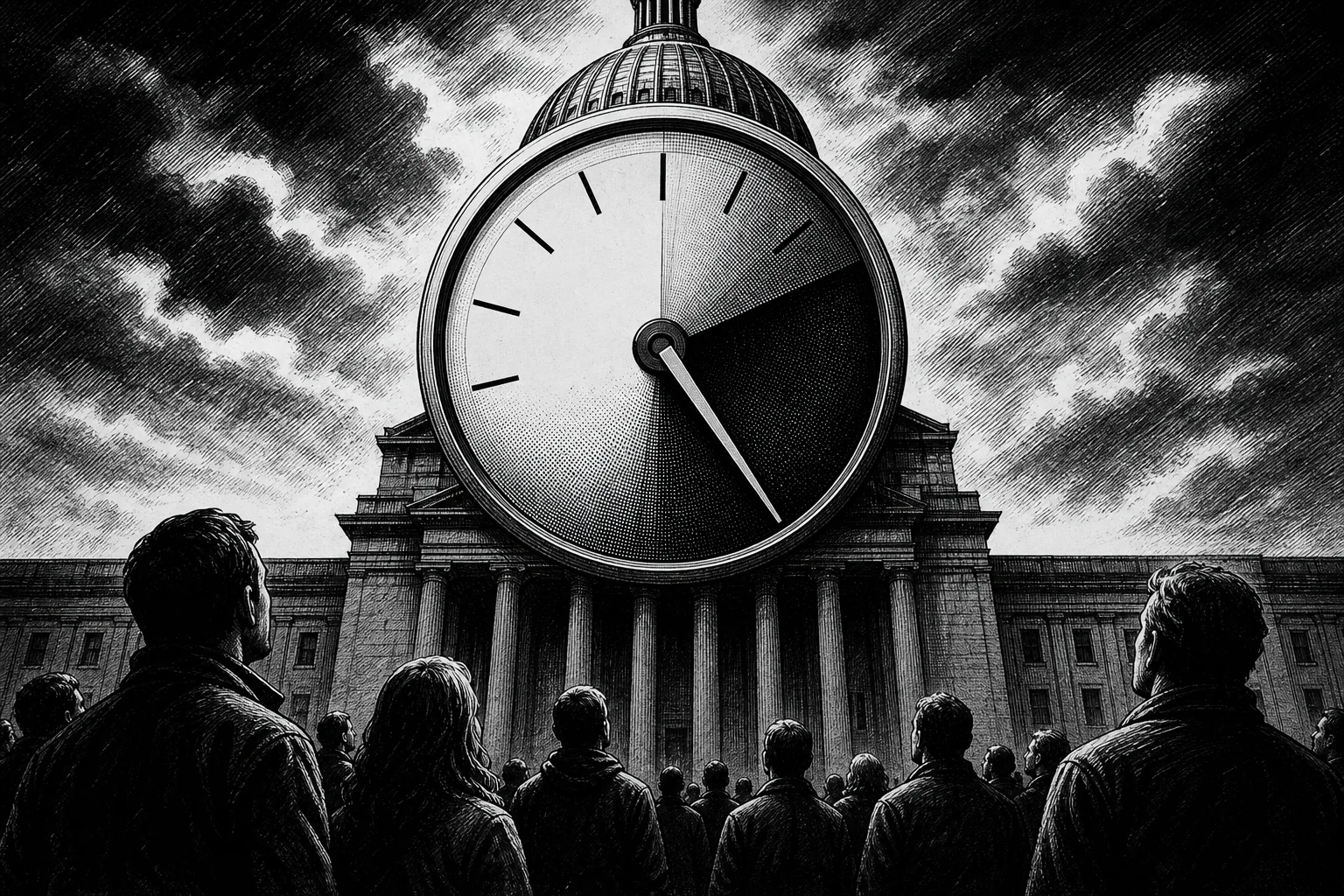 Ilustración editorial en blanco y negro de un medidor de aprobación con la aguja apuntando hacia abajo frente a un edificio público.