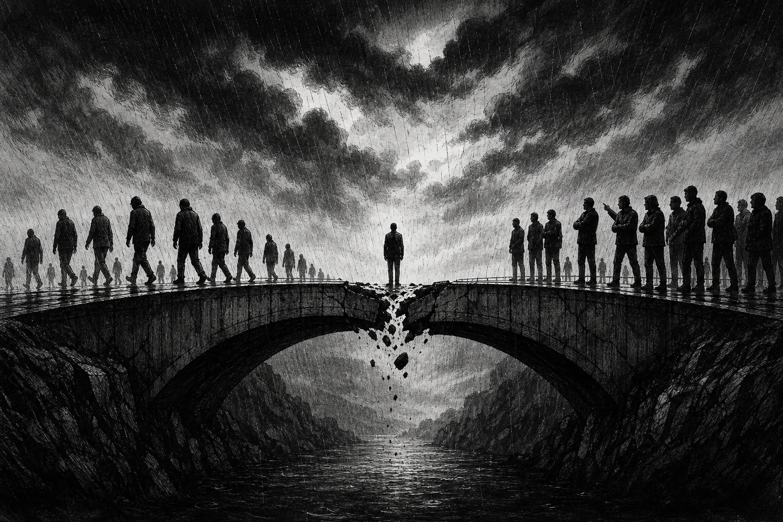Ilustración monocromática de un puente agrietado entre dos grupos de siluetas: unos se alejan y otros se quedan del otro lado.