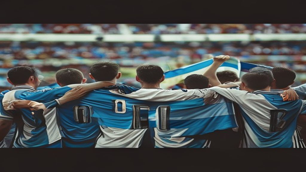 La selección argentina celebrando una victoria con una bandera que lleva el mensaje de que las Islas Malvinas son argentinas