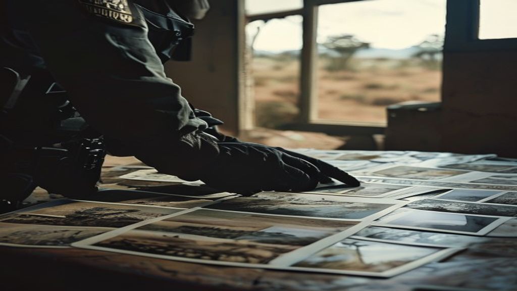 Manos enguantadas de un oficial de policía examinando fotografías antiguas de la escena del crimen, mostrando el vasto paisaje del outback australiano, en una sala de evidencias.