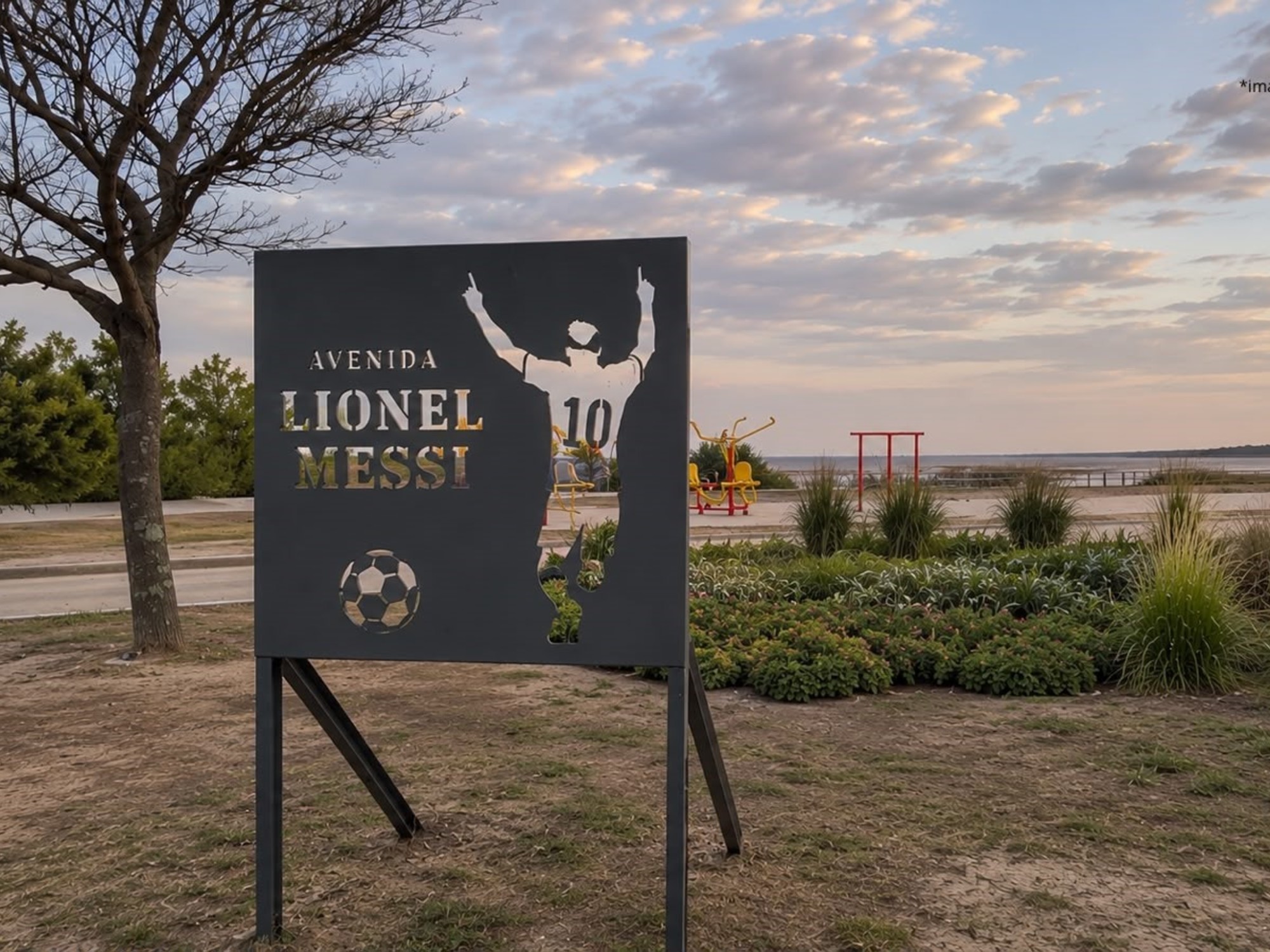 Paseo costero en Santa Fe con un letrero que dice "Avenida Lionel Messi". Foto: Clarín