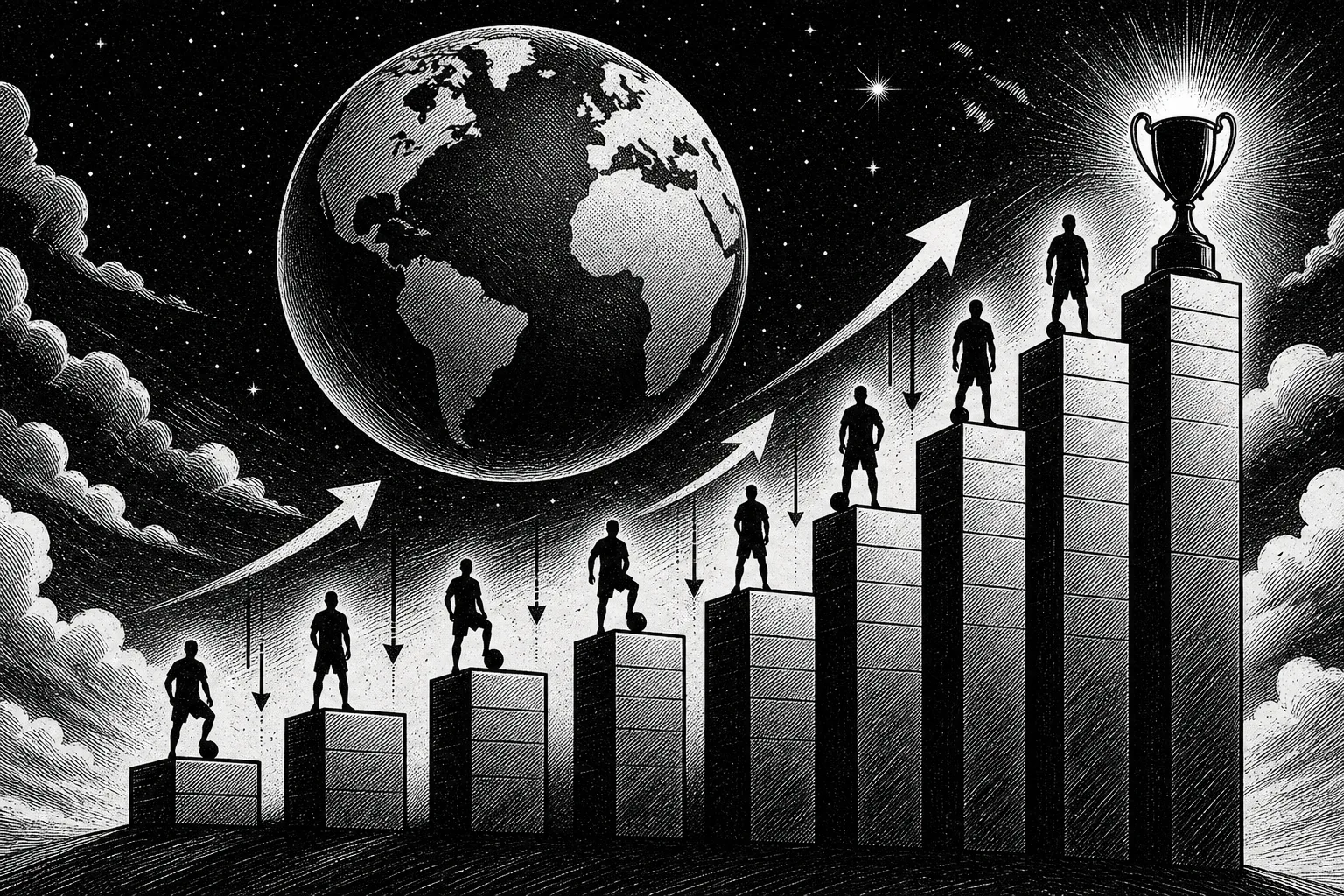 Ilustración editorial en blanco y negro de un globo terráqueo sobre un gráfico ascendente con siluetas de futbolistas y una copa en la cima.