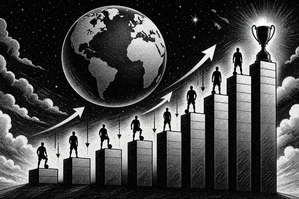 Ilustración en blanco y negro de un globo terráqueo sobre un gráfico ascendente de plataformas con siluetas de futbolistas y una copa en la cima.