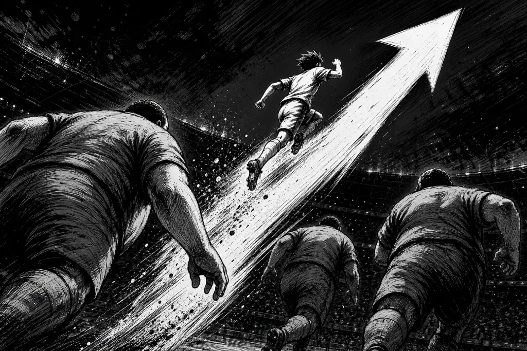Ilustración en blanco y negro de un futbolista pequeño saltando sobre una flecha ascendente y superando a figuras más grandes.