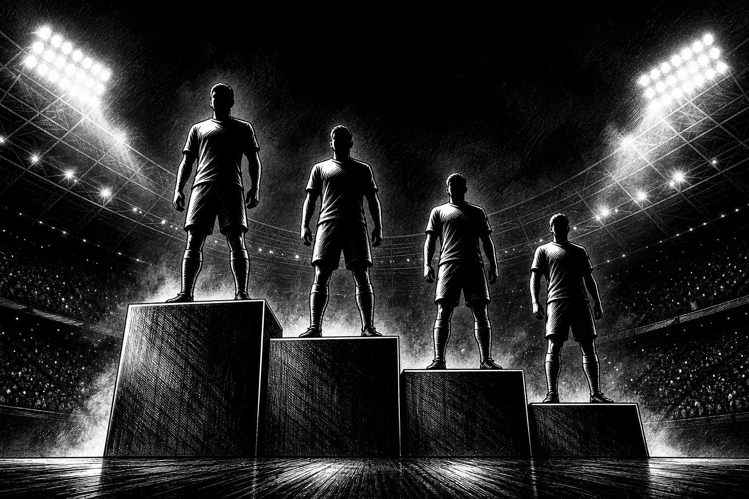 Ilustración en blanco y negro de cuatro siluetas de futbolistas sobre un podio de cuatro escalones dentro de un estadio iluminado.