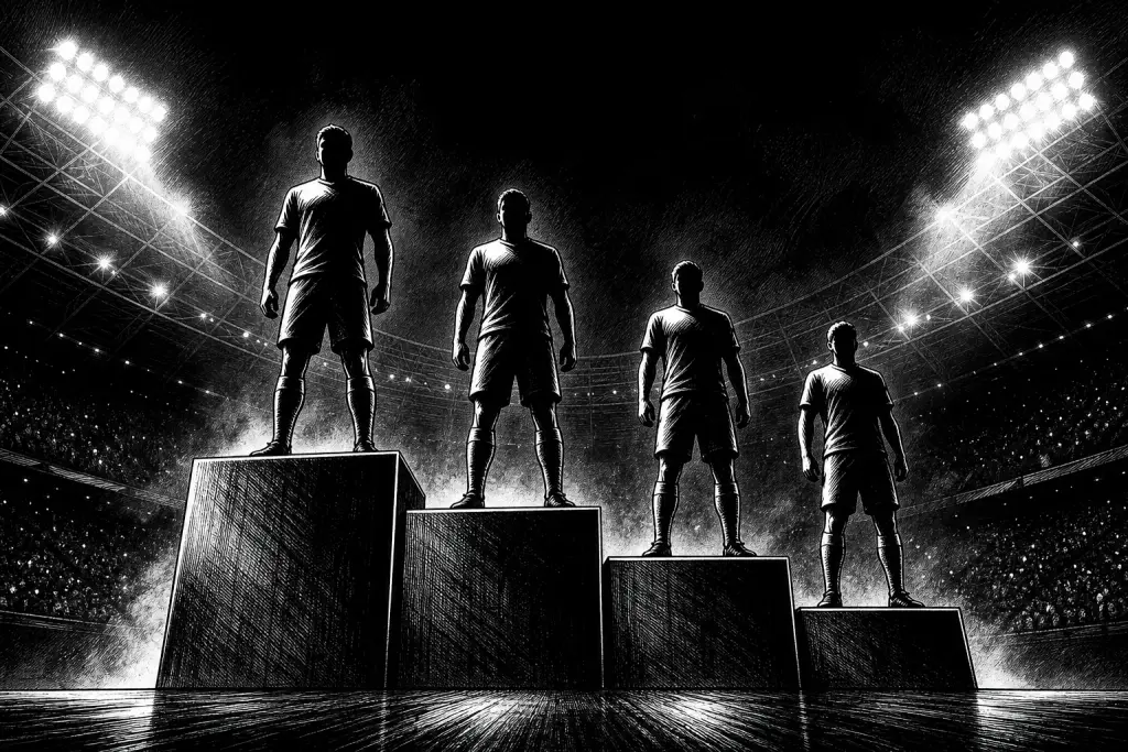 Ilustración en blanco y negro de cuatro siluetas de futbolistas sobre un podio de cuatro escalones dentro de un estadio iluminado.