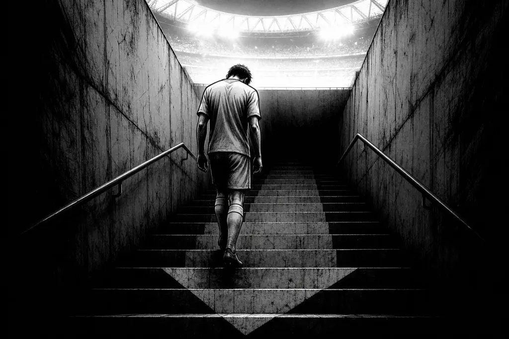 Ilustración monocromática de un futbolista solo, de espaldas, bajando una escalera hacia la salida de un estadio.