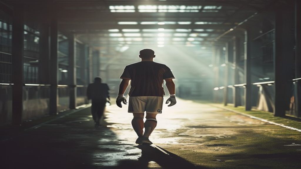 Un arquero de fútbol profesional, visto de espaldas, caminando hacia la salida de un estadio vacío, simbolizando una despedida.