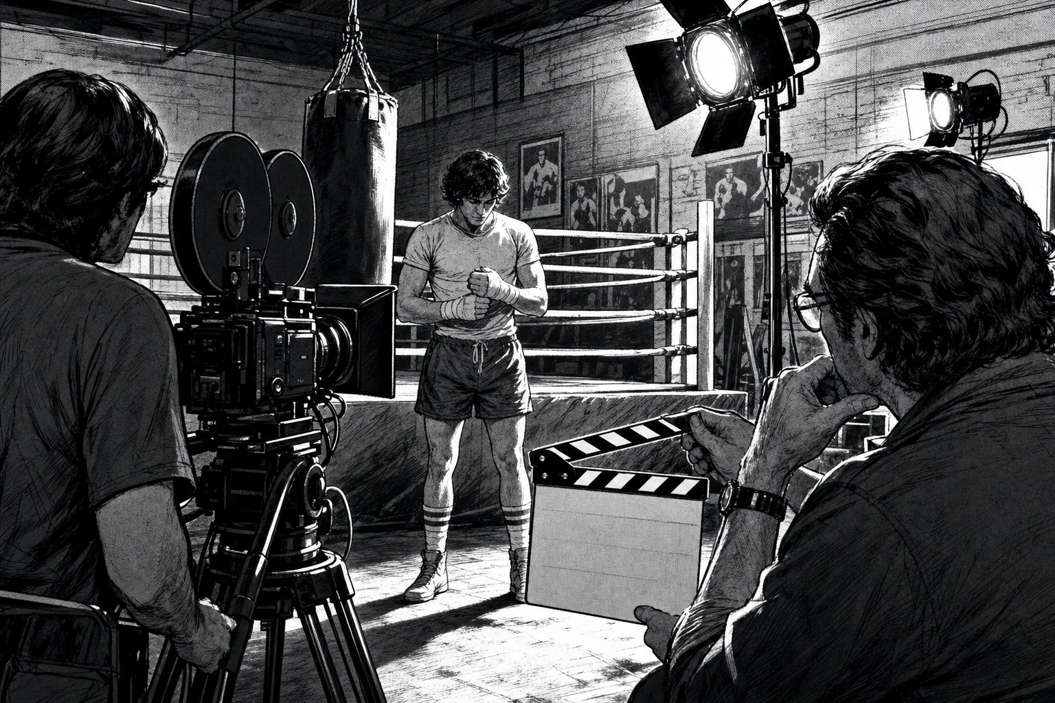Ilustración en blanco y negro de un set cinematográfico que recrea un gimnasio de boxeo de los años setenta.
