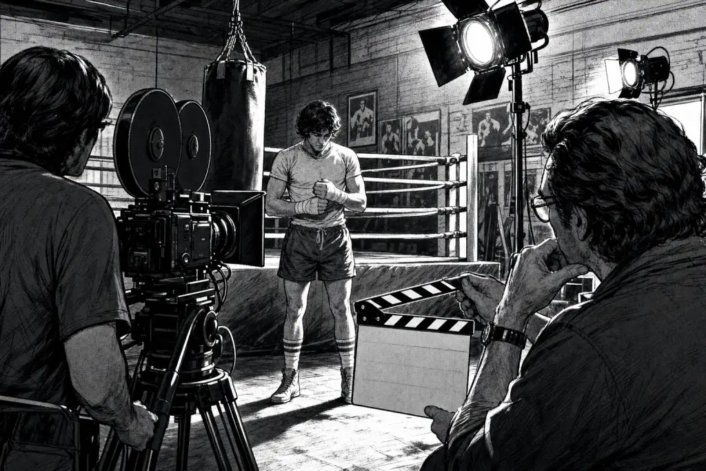 Ilustración en blanco y negro de un set cinematográfico que recrea un gimnasio de boxeo de los años setenta.