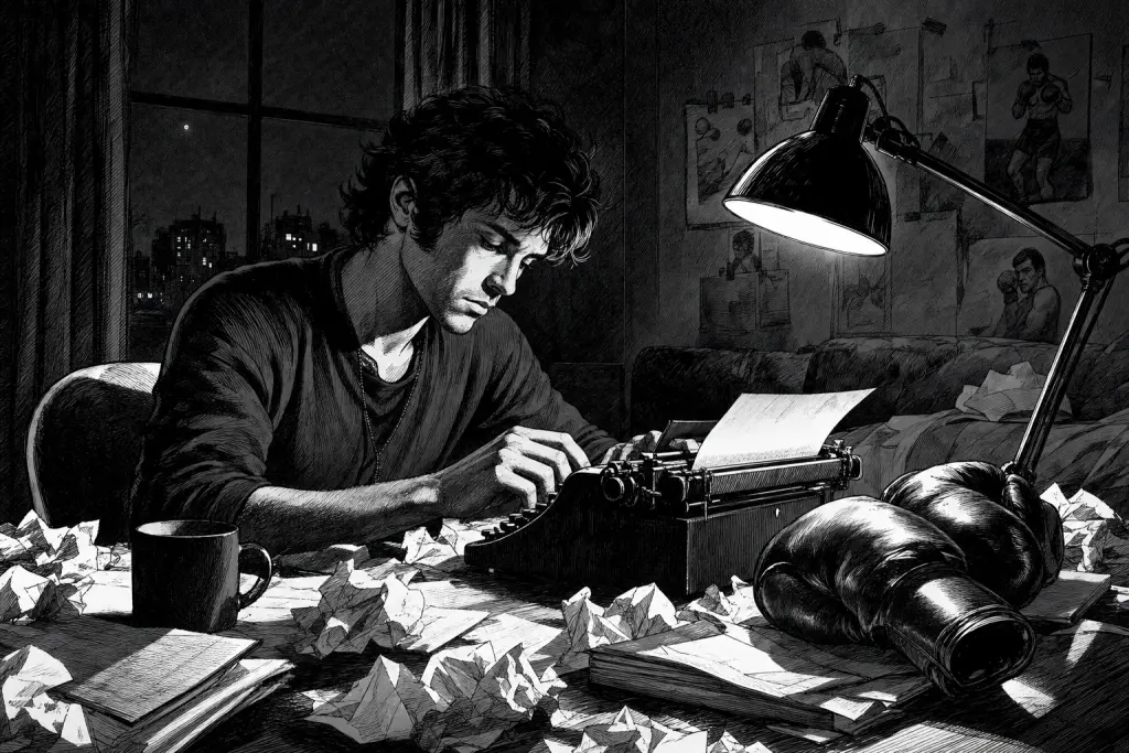 Ilustración en blanco y negro de un joven guionista trabajando de noche junto a unos guantes de boxeo.