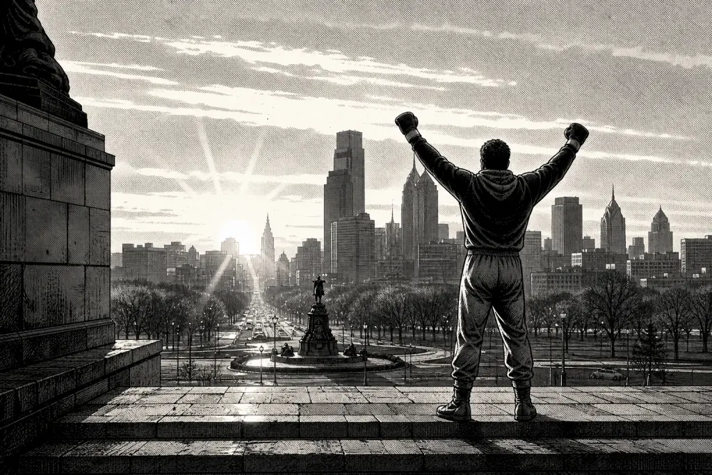 Ilustración en blanco y negro de un boxeador en lo alto de una escalinata urbana.