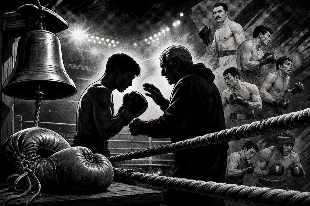 Ilustración monocromática de un veterano entrenando a un joven boxeador dentro de un ring.