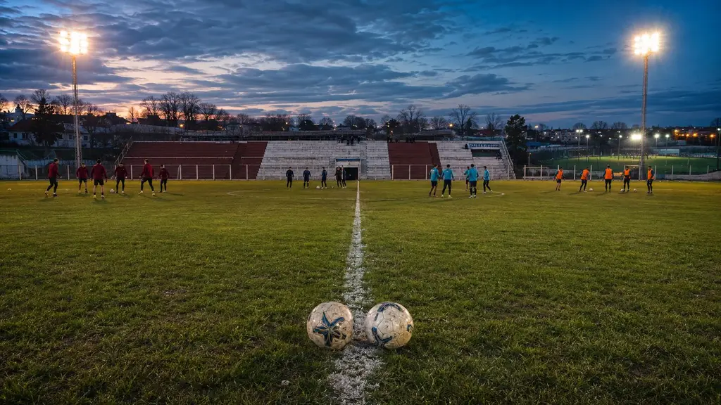 Cancha de fútbol uruguaya al atardecer con dos pelotas sobre la línea central y planteles calentando bajo los focos.