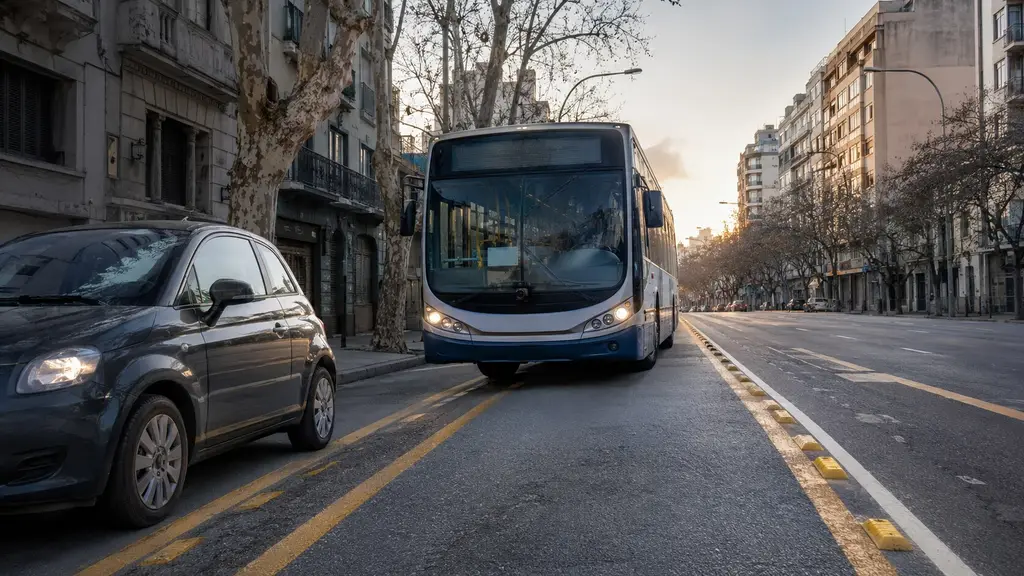 Ómnibus urbano avanza por un carril preferencial demarcado en una avenida de Montevideo, junto a un automóvil fuera del corredor.
