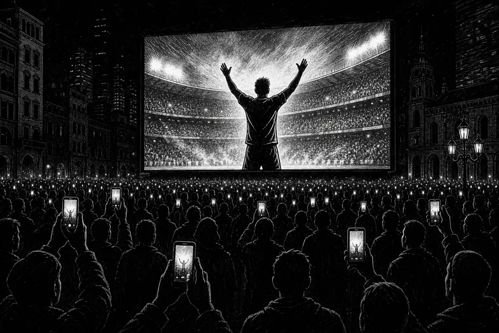 Ilustración en blanco y negro de una multitud mirando una pantalla gigante con un futbolista de brazos en alto, entre teléfonos encendidos.