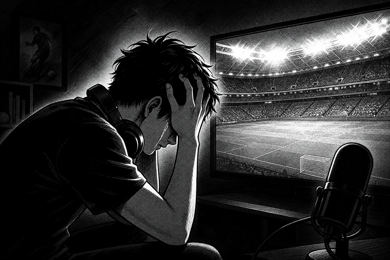 Ilustración monocromática de un joven con auriculares tomándose la cabeza frente a una pantalla que muestra un estadio.