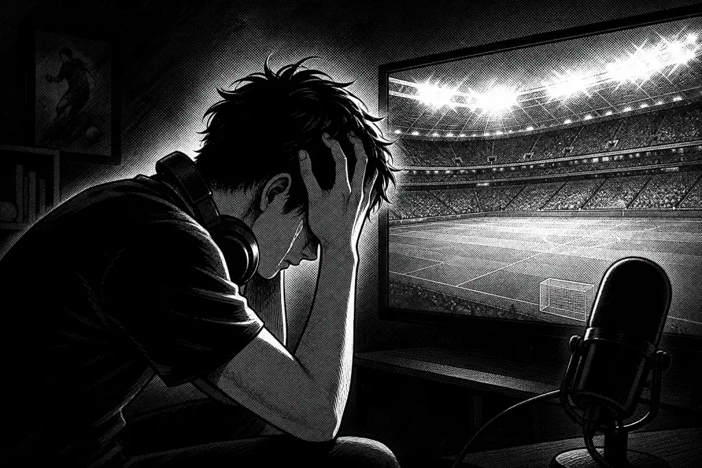 Ilustración monocromática de un joven con auriculares tomándose la cabeza frente a una pantalla que muestra un estadio.