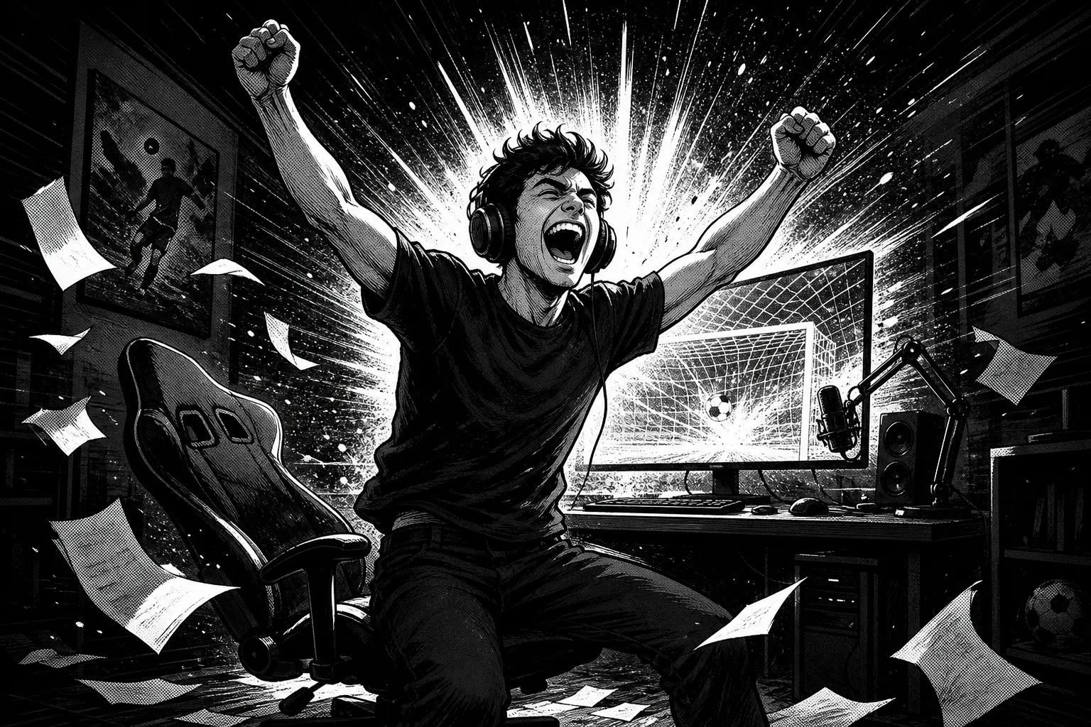 Ilustración en blanco y negro de un streamer celebrando con los puños en alto frente a su monitor, en una explosión de luz y papeles.
