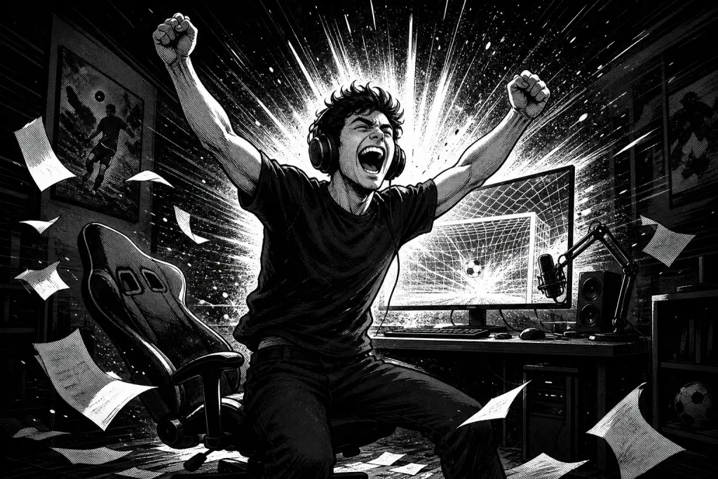 Ilustración en blanco y negro de un streamer celebrando con los puños en alto frente a su monitor, en una explosión de luz y papeles.