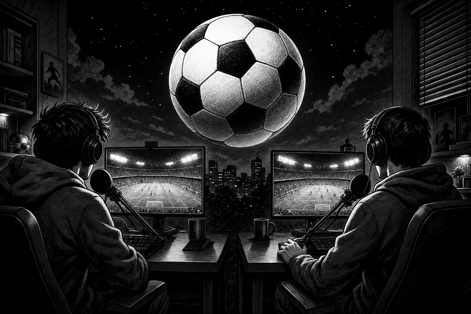 Ilustración editorial en blanco y negro de dos streamers frente a monitores con un estadio de fútbol y una pelota gigante entre ambos.