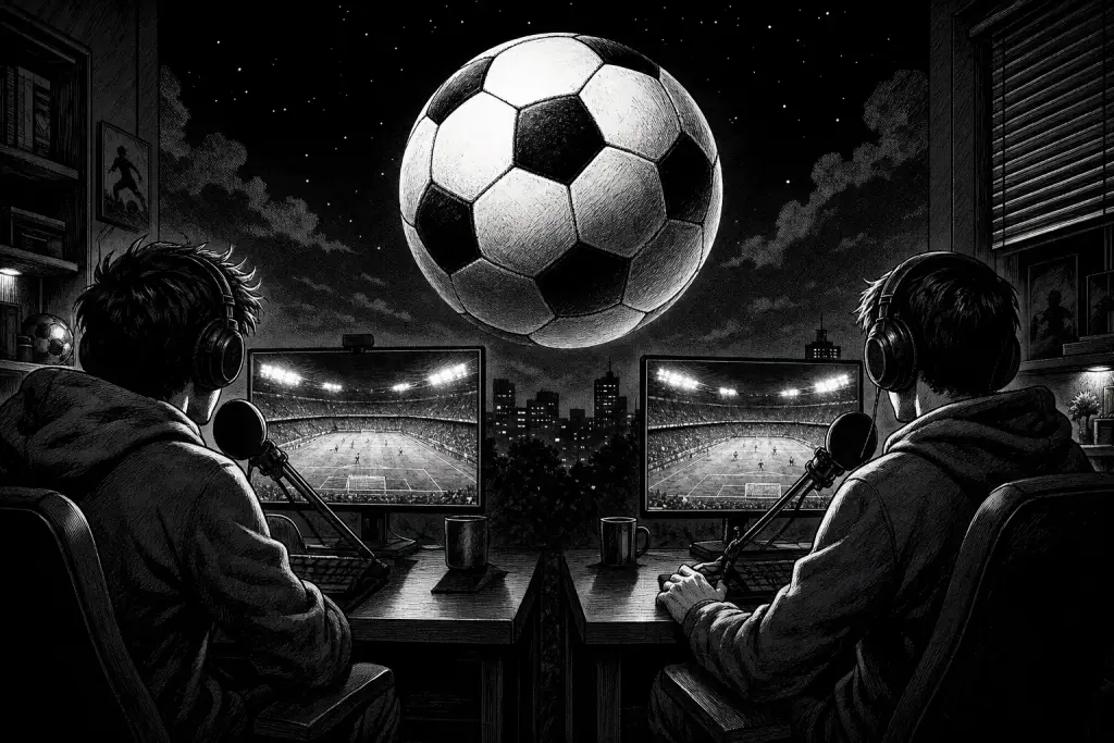 Ilustración en blanco y negro de dos streamers de espaldas frente a monitores que muestran un estadio, con una pelota de fútbol gigante entre ambos.