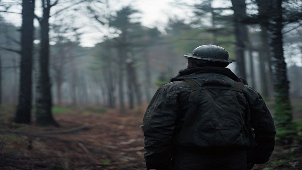 Un leñador en el bosque, con un fondo de árboles talados