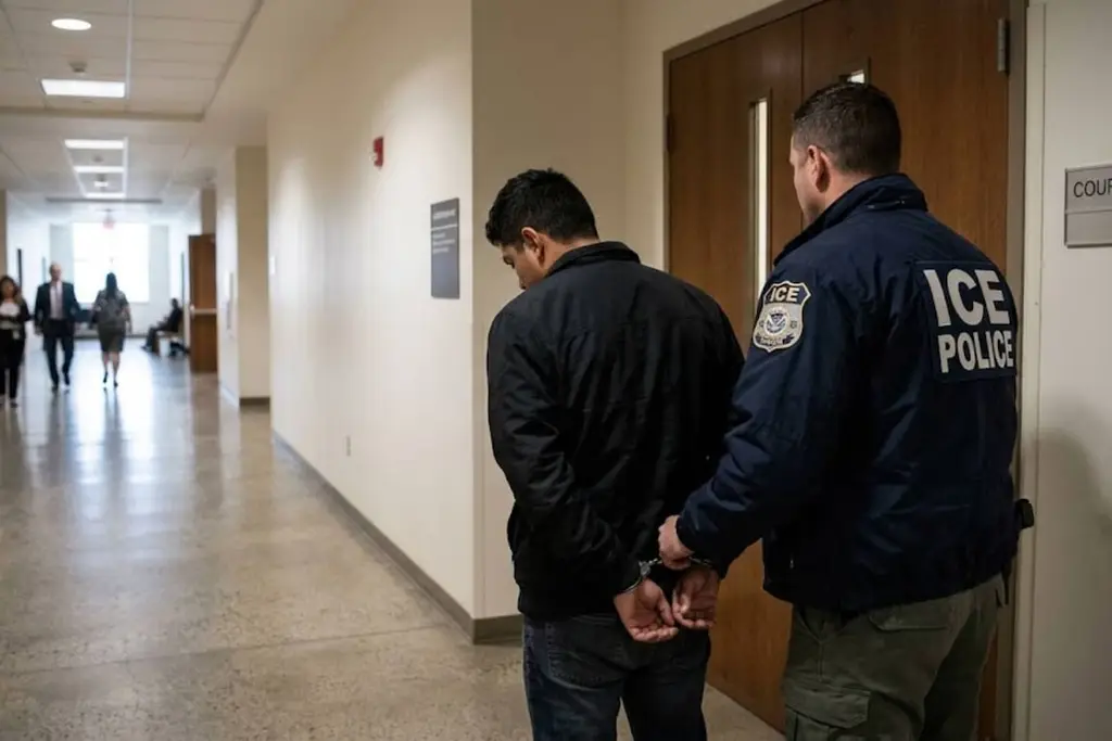 Un agente con la leyenda ICE Police escolta a un hombre esposado por un pasillo, junto a una puerta de tribunales. Foto: La Nación