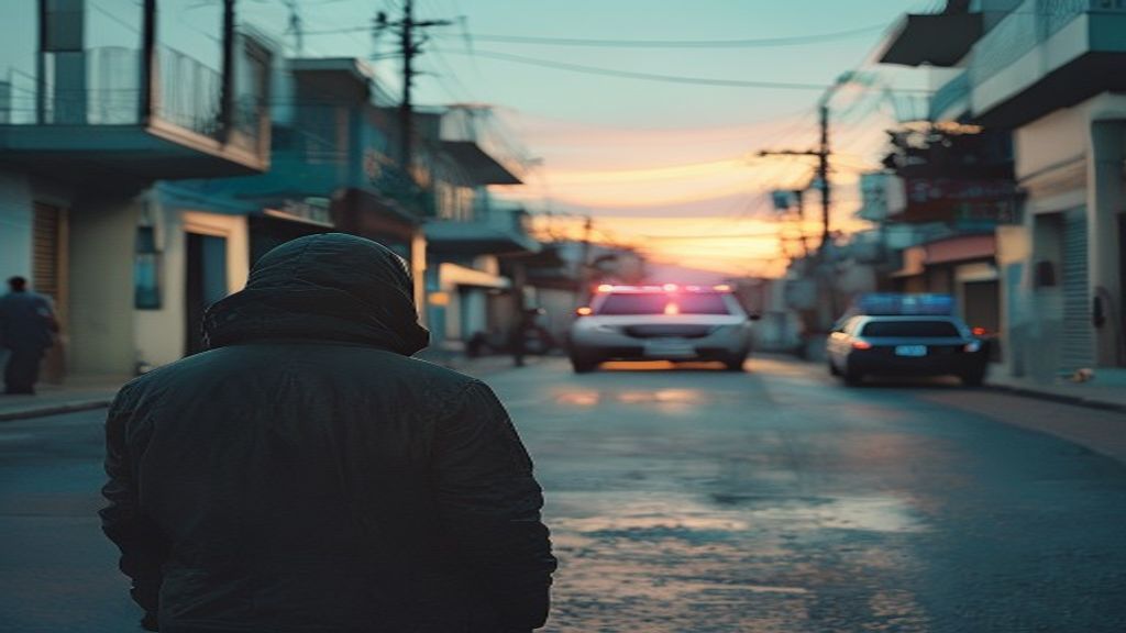 Una calle vacía en Montevideo con un coche de policía