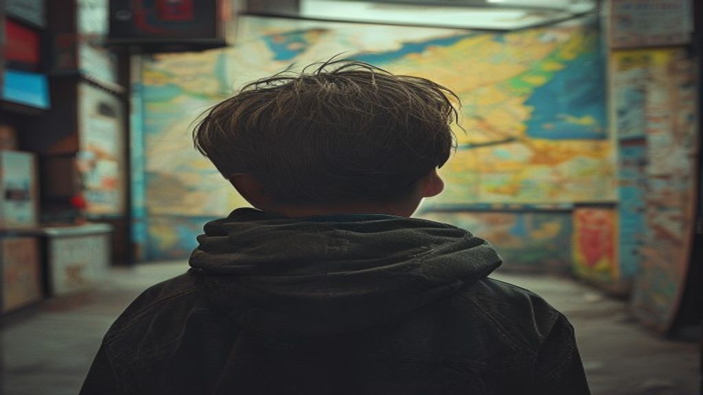 Niño desaparecido con un fondo de mapas y teléfonos