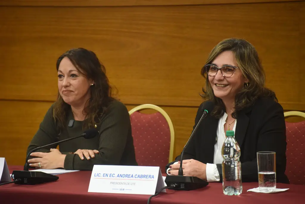 Andrea Cabrera (UTE), Fernanda Cardona (MIEM) y Guillermo Levratto (Río Negro) en la conferencia sobre el parque solar de Fray Bentos. Foto: MIEM
