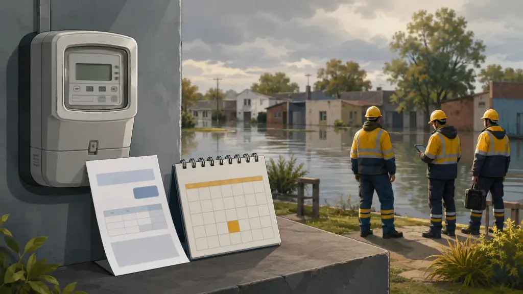 Ilustración editorial de un medidor eléctrico y un calendario frente a un barrio inundado, con técnicos revisando la zona desde un lugar seguro.